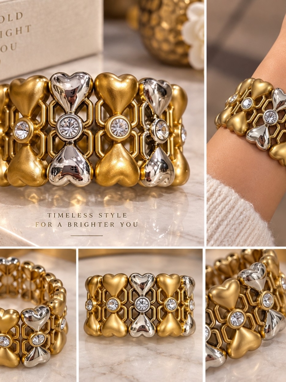 Gold and Silver Heart Crystal Stretch Bracelet - Women's Jewelry